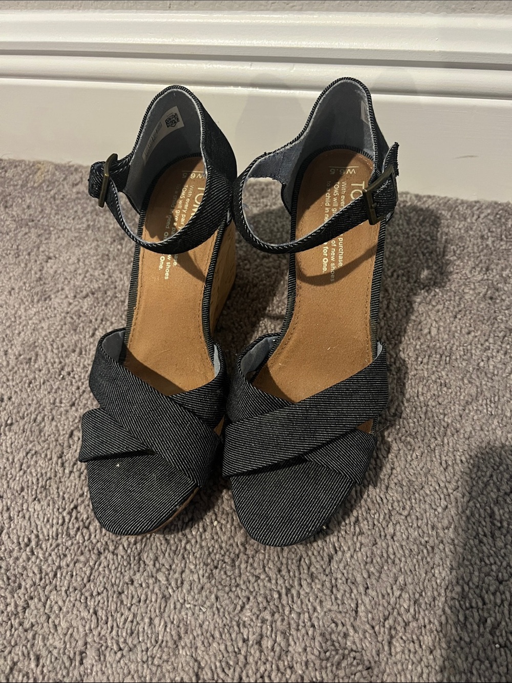 Toms Black Crisscross Ankle-Strap Wedge Heels